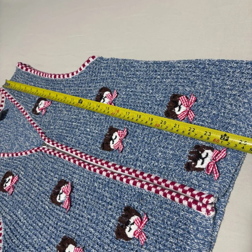 Vintage Capacity Teddy Bear Sweater Vest Large Blue Knit‎ Red Gingham Bow Ramie